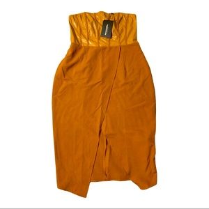 Brown Faux Leather Strapless Dress